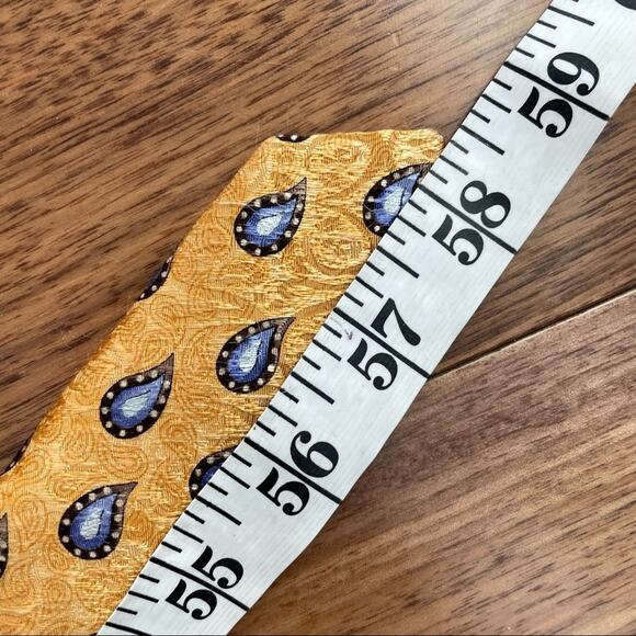 IKE Behar | Gold & Blue Paisley Print 100% Silk Tie USA Tailored Professional - Picture 6 of 6